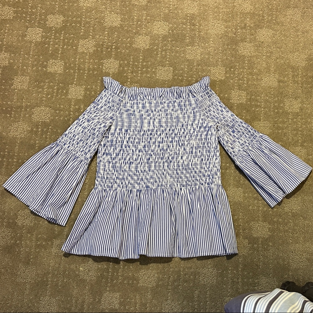 Joseph Ribkoff Blue and White Striped Off-Shoulder Smocked Top. Perfect !